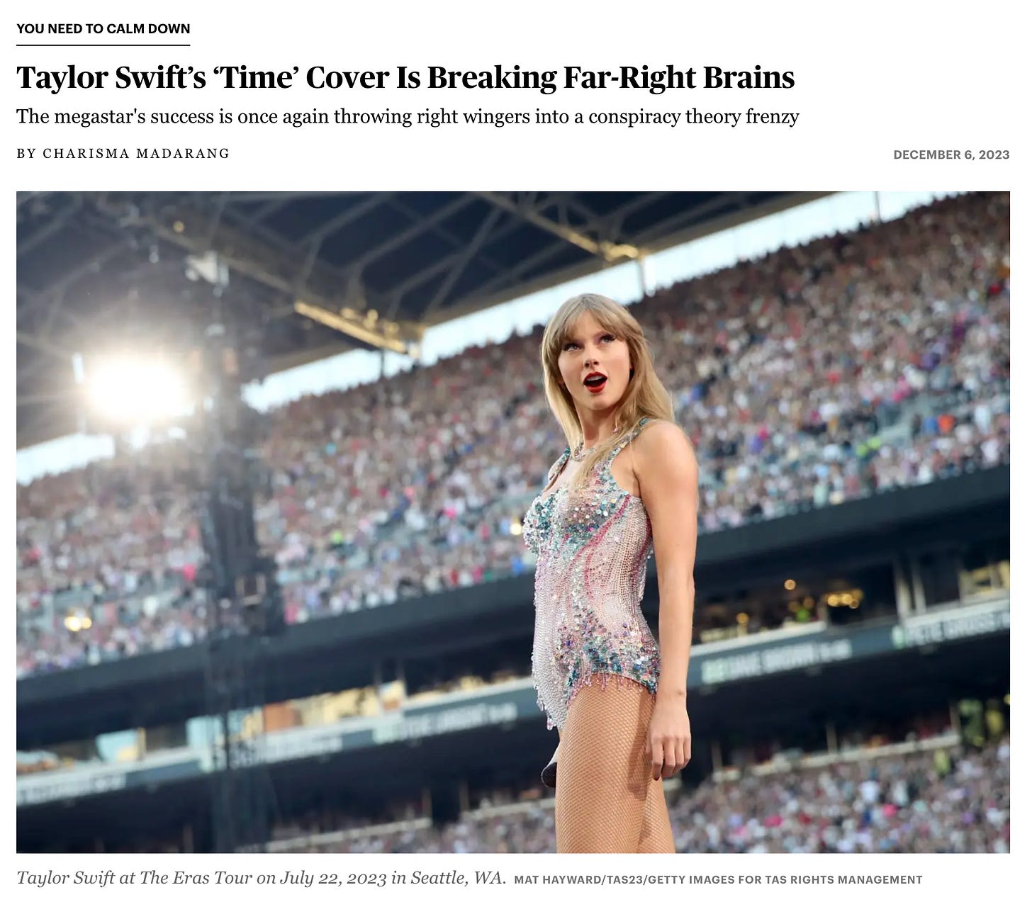 screenshot from Rolling Stone article titled “Taylor Swit’s ‘Time’ Cover Is Breaking Far-Right Brains” with the topic tag You Need to Calm Down over a shot of Swift at the Eras tour