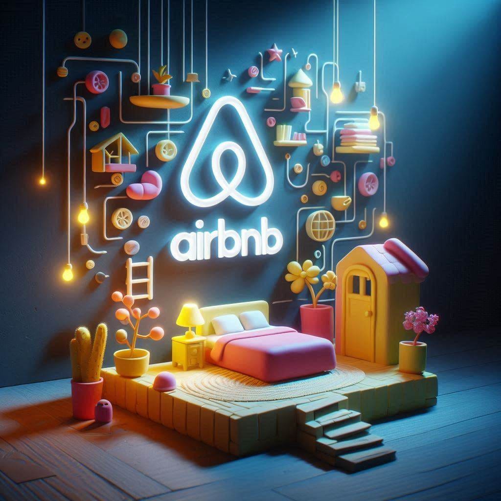 Airbnb  - Claymation - Using bright colours - minimalist image - Smooth Image - with 3d Effects with light projecting from the top in a dark room