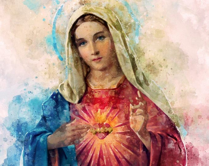 An abstract painting of St Mary with the immaculate heart exposed. She is wearing a blue gown and red garments underneath