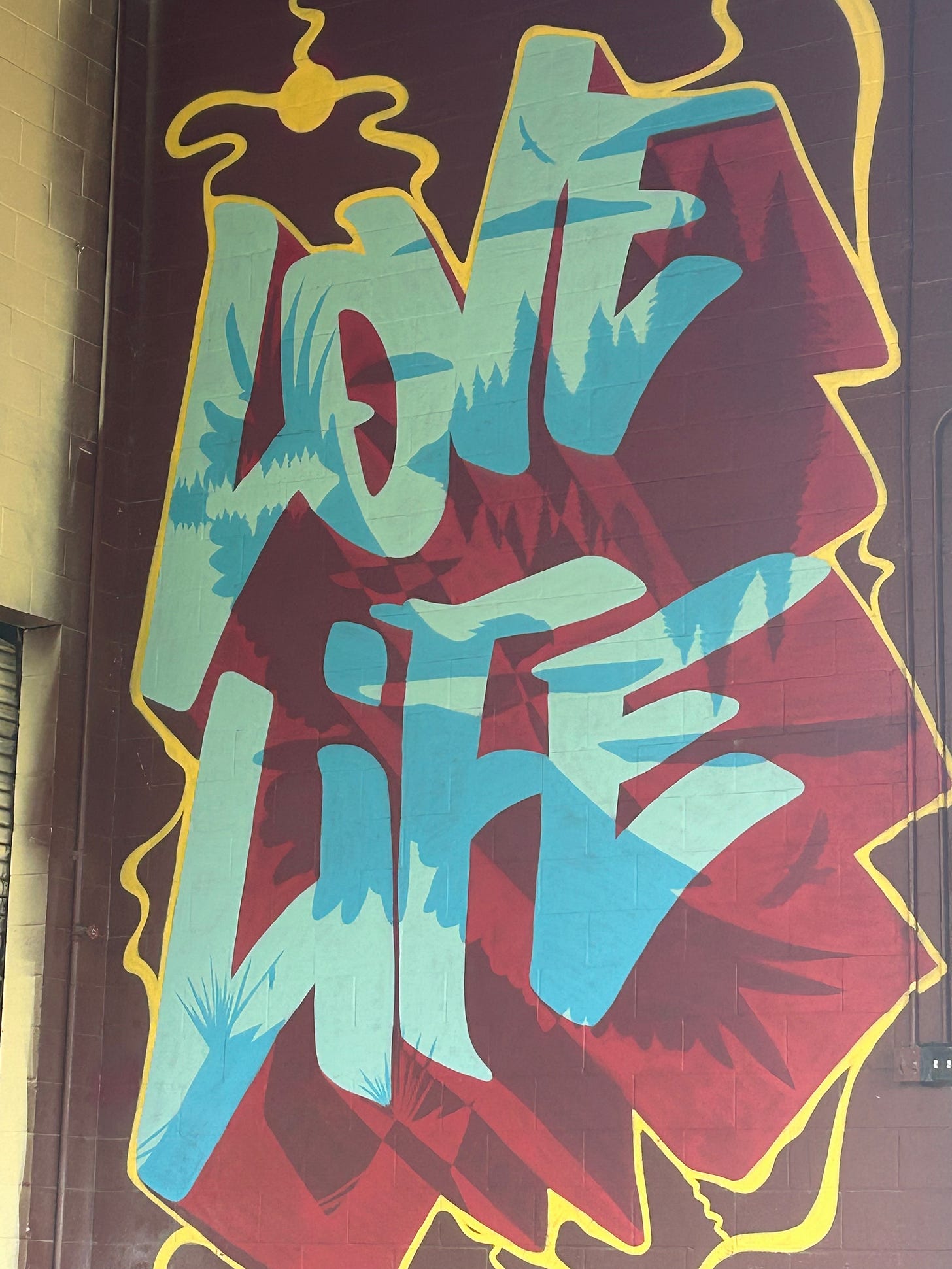 A street mural in Kauai that says "love life" in blues, reds, and yellow