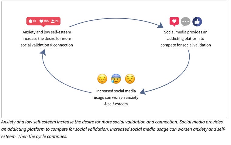 A screen capture from the website HumaneTech.com. The image shows the connection between social media, low self-esteem, and a desire for validation. The caption of the image says Anxiety and low self-esteem increase the desire for more social validation and connection. Social media provides an addicting platform to compete for social validation. Increased social media usage can worsen anxiety and self-esteem. Then the cycle continues.