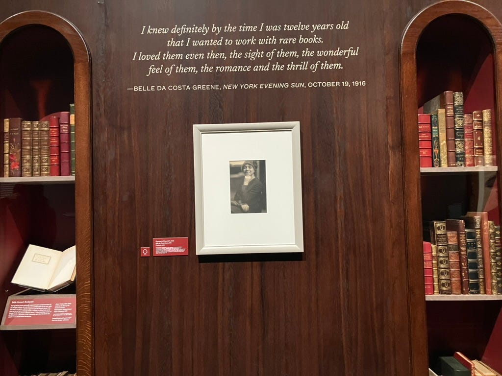 photograph of Belle Da Costa Greene in library setting with quote and books