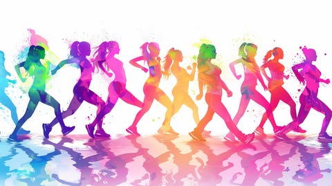 Group of women enthusiastically dancing in a Zumba class, vibrant colors and lively atmosphere.