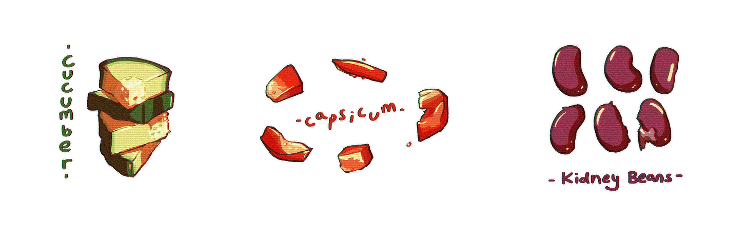 illustration of cucumber, capsicum and kidney beans