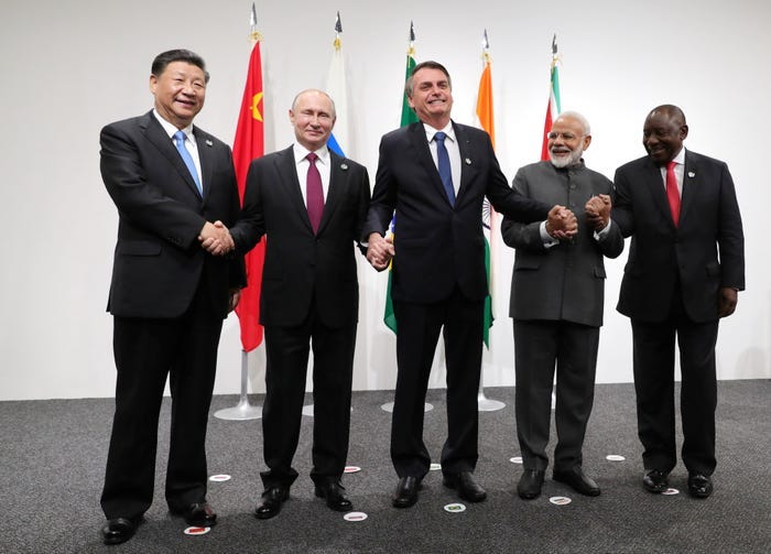 BRICS countries leaders Xi Jinping, Vladimir Putin, Jair Bolsonaro, Narendra Modi, and Cyril Ramaphosa