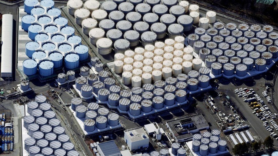 Tanks containing treated water from Fukushima nuclear plant in Japan