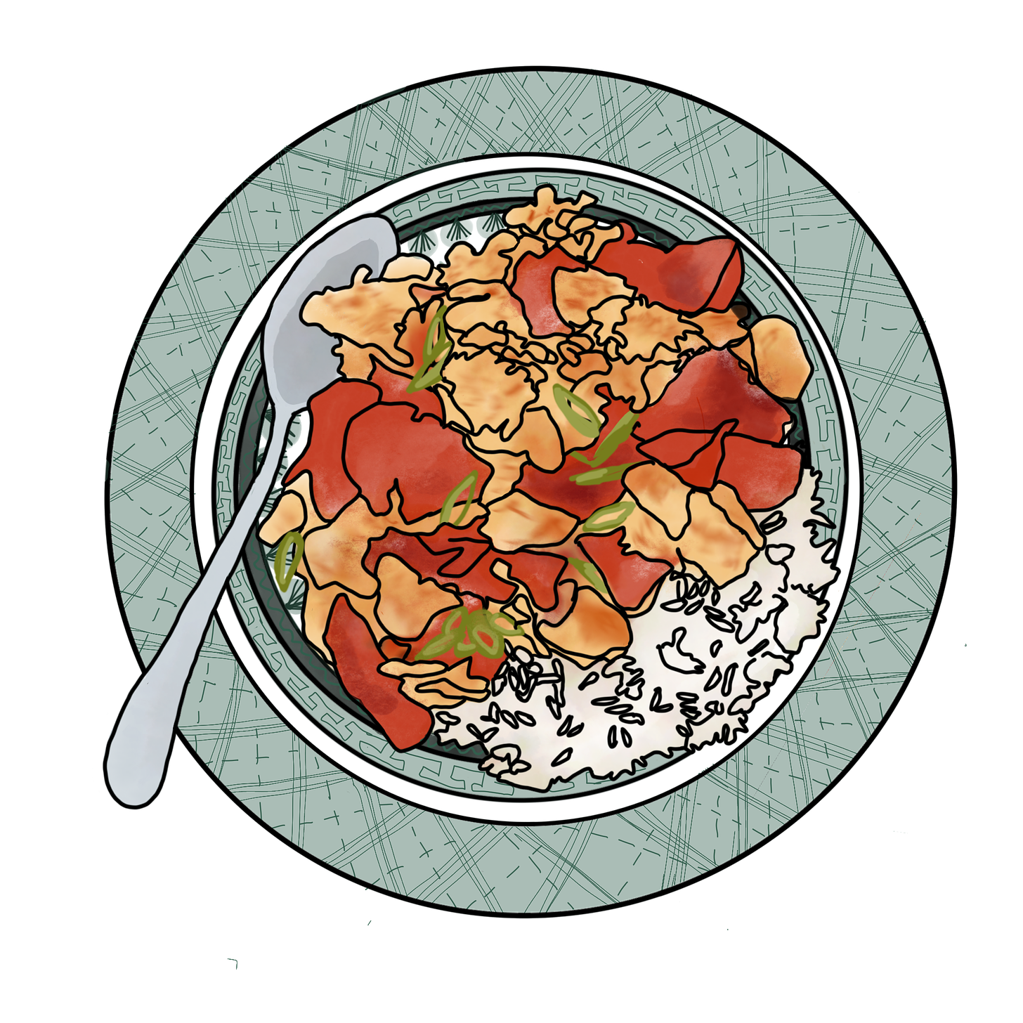 Illustration of a tomato and egg stir fry served with rice on a vintage ceramic plate.