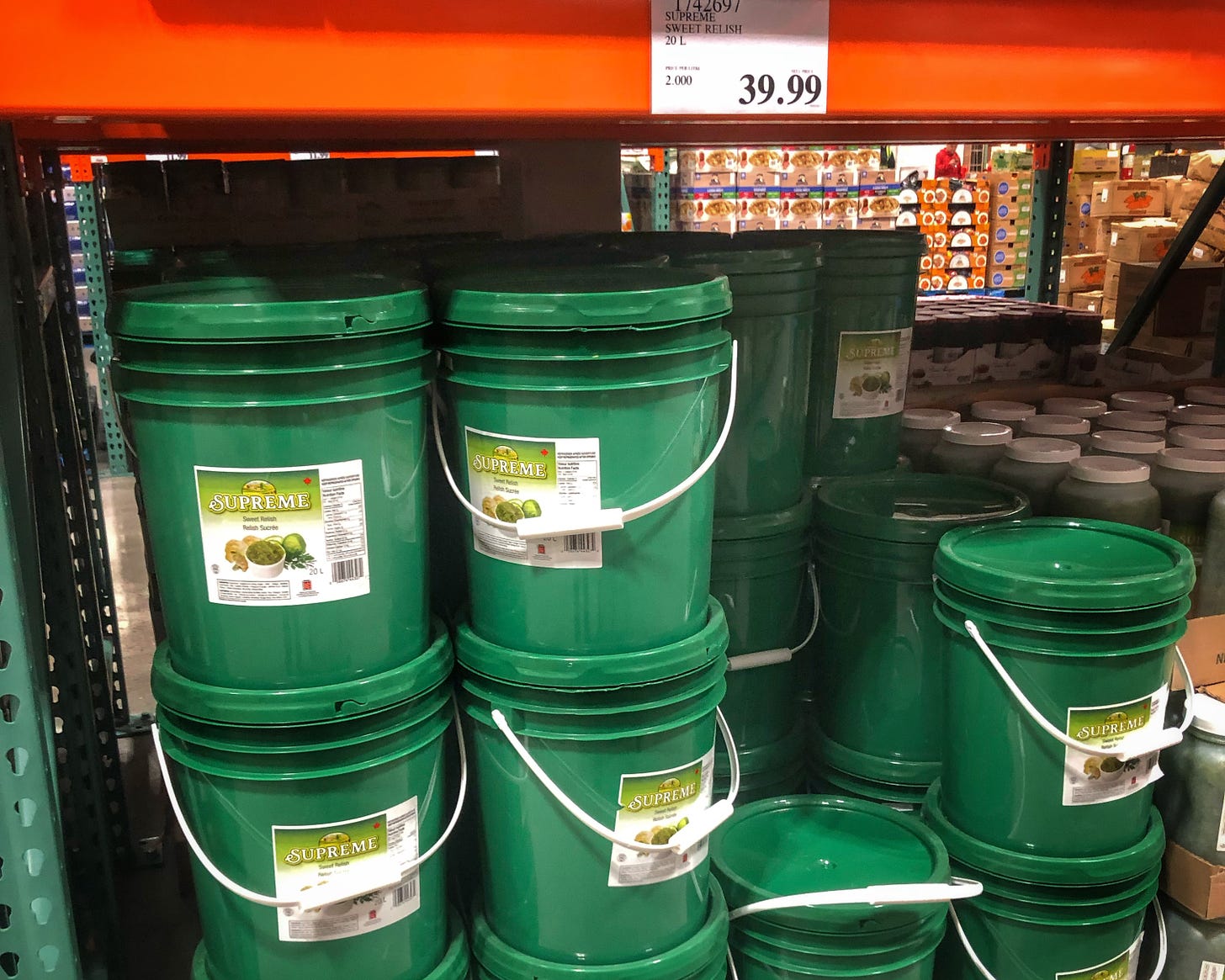 20-Litre buckets of Supreme Sweet Relish, priced at $39.99 at the Costco Business Centre