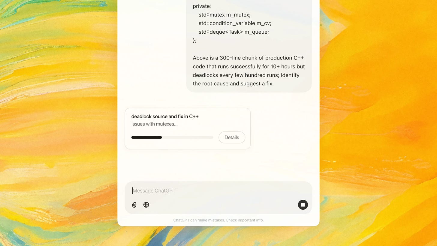ChatGPT Pro interface showing a notification about resolving a C++ deadlock issue with mutexes, featuring code context in the background and a progress bar with a ‘Details’ button.