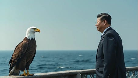 A person in a suit standing next to a bald eagle

Description automatically generated