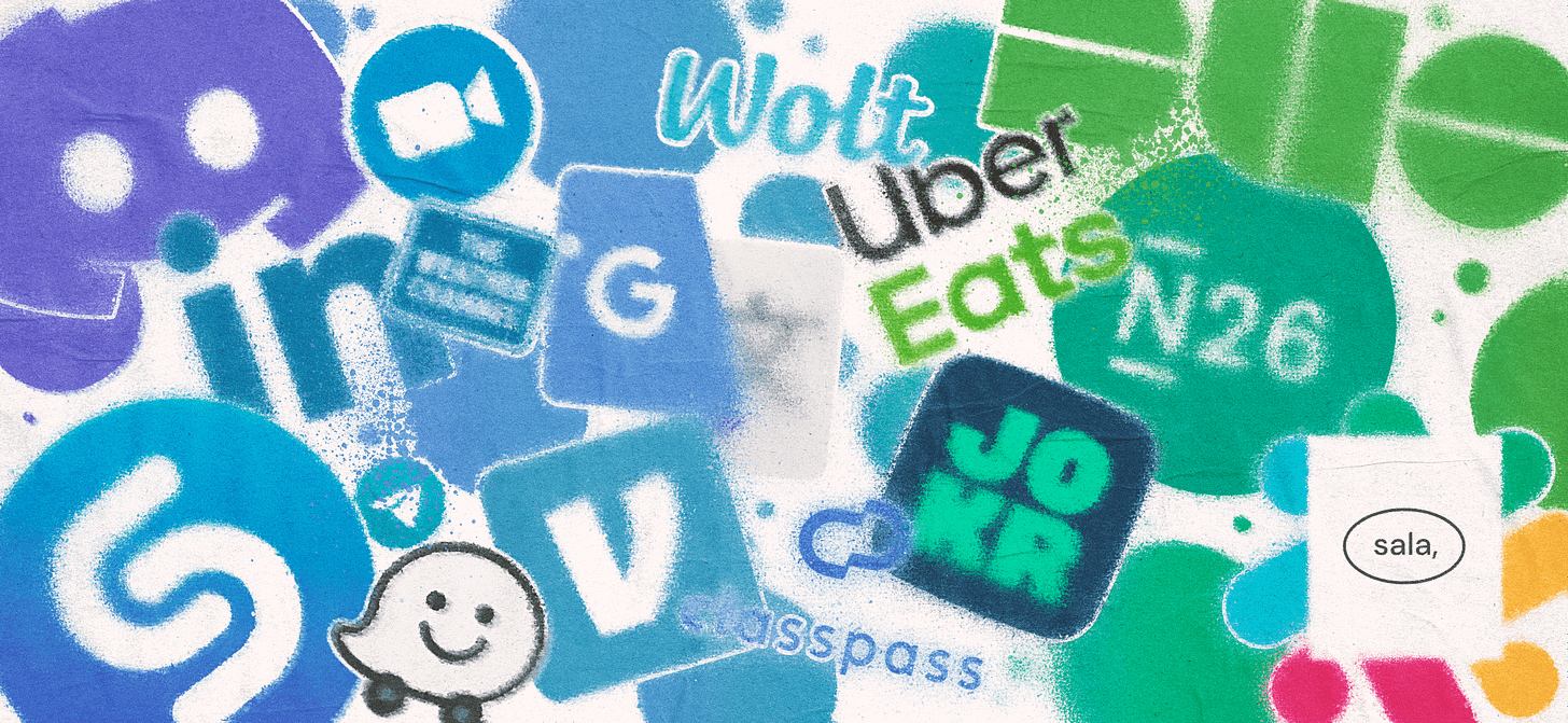 Logos from digital services sprayed on a paper texture in a blue-to-green gradient transition. Some of these are from Discord, Shazam, Venmo, Google Translate, Uber Eats, N26, and Duo. On the bottom right side, there’s the Sala logo sprayed over a white area.