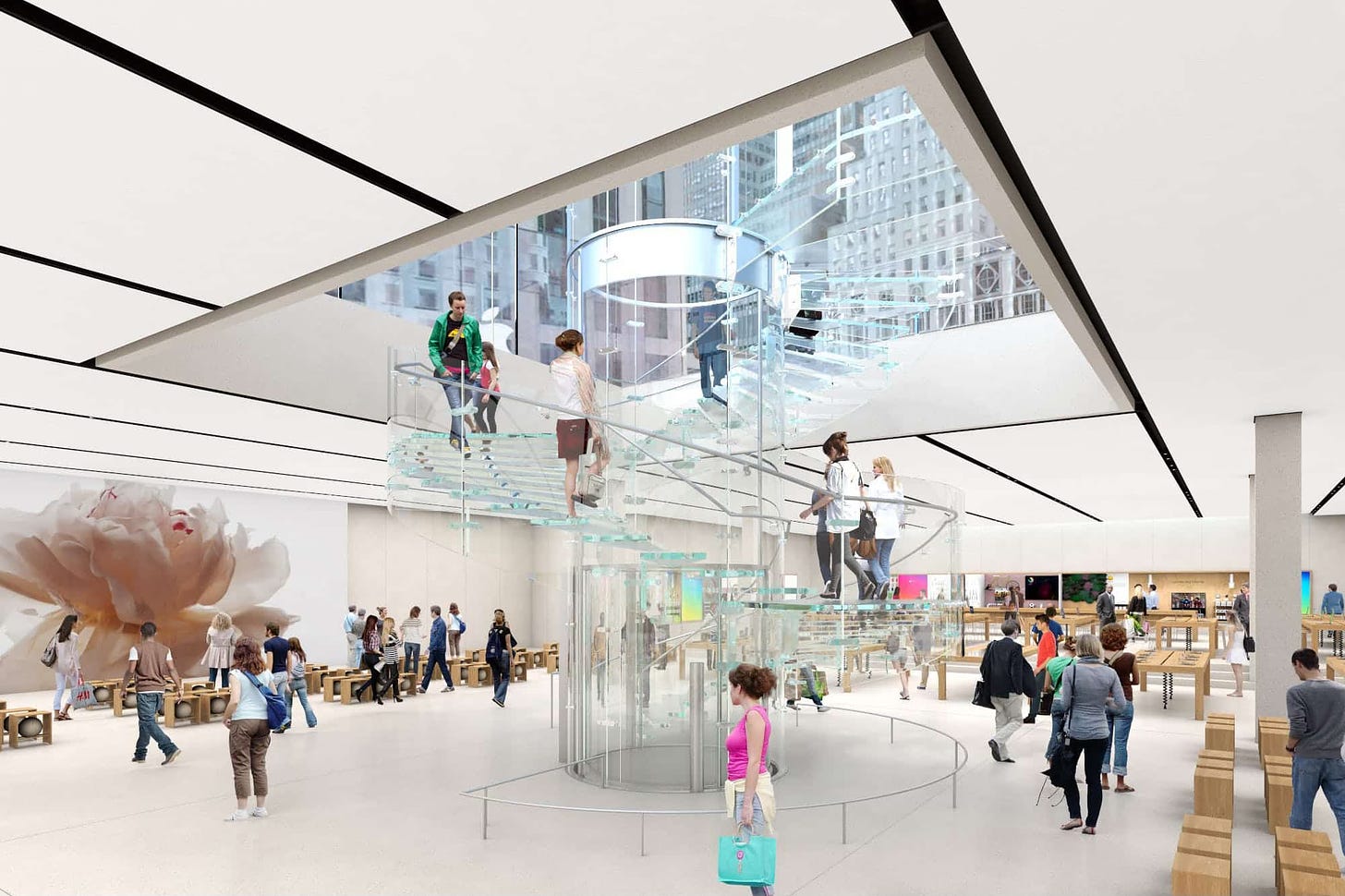 An unbuilt concept design for Apple Fifth Avenue. The store has a glass staircase and a bright lightbox ceiling.