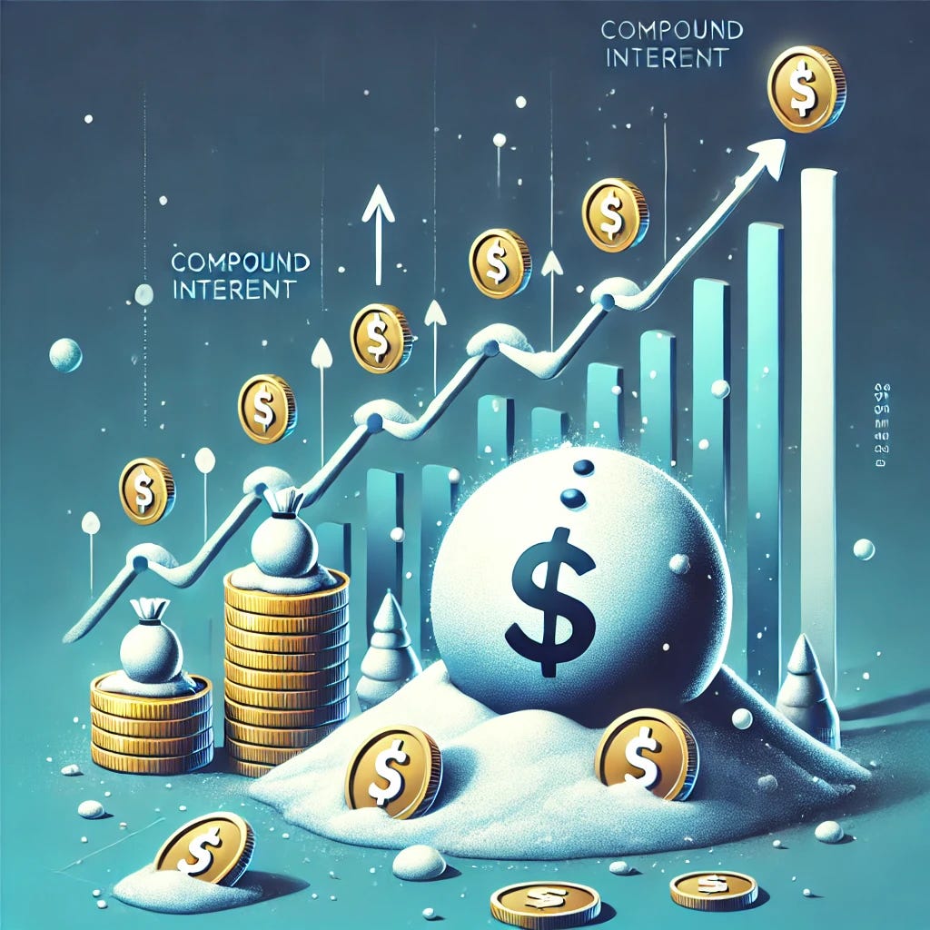 A professional and engaging illustration representing the concept of compound interest as a snowball effect. The image features a snowball rolling down a hill, growing larger as it collects more snow, with symbols like dollar signs and upward arrows representing financial growth. In the background, a timeline with small coins turning into larger stacks emphasizes the long-term benefits of compound interest. The design uses cool colors like blues and whites, along with gold accents, to convey the idea of steady growth over time. The style should be informative and visually appealing.