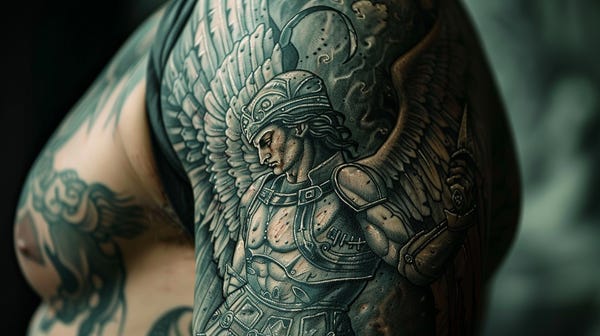 St Michael archangel tattoo on the shoulder of a muscular man.