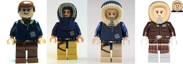 Three Han Solo minifigures in blue parka and one in brown parka