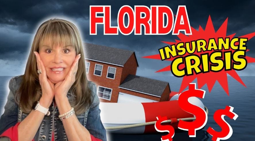 Woman holding her face in concern with a backdrop of a sinking house and text reading "Florida Insurance Crisis.