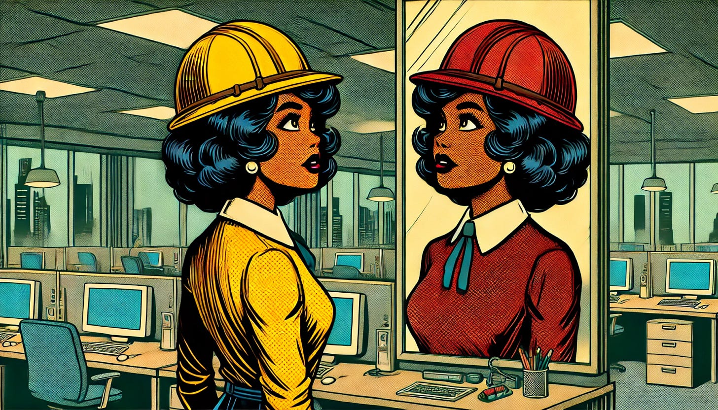 A vintage comic book-style illustration of a black female data engineer standing in an office, wearing a yellow safety helmet and looking into a mirror. The reflection in the mirror clearly shows her wearing a red safety helmet instead of yellow, creating a striking contrast. The office background includes desks, computer screens, and cables. The character has a curious and slightly surprised expression. The image features bold black outlines, flat vibrant colors, and dramatic shading, capturing a retro comic book feel with a warm and desaturated color palette. 3:2 aspect ratio.