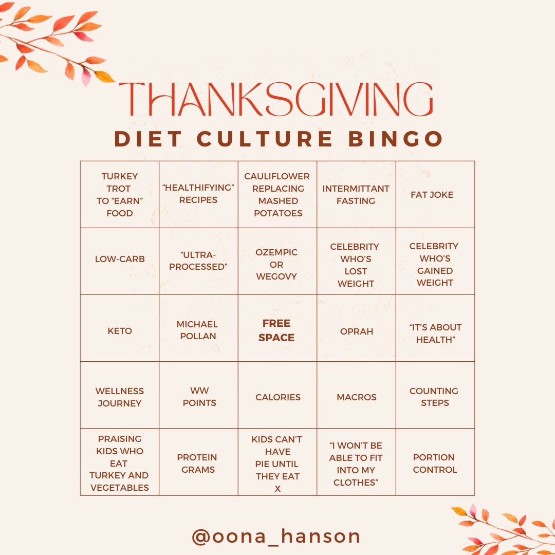 BINGO card filled with common diet culture comments at Thanksgiving