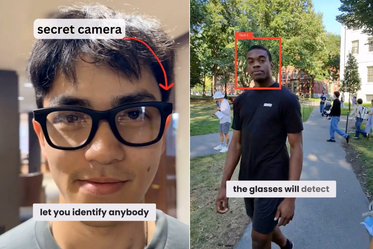 Demonstration of experimental glasses used for facial detection and obtaining personal information about strangers on the street.