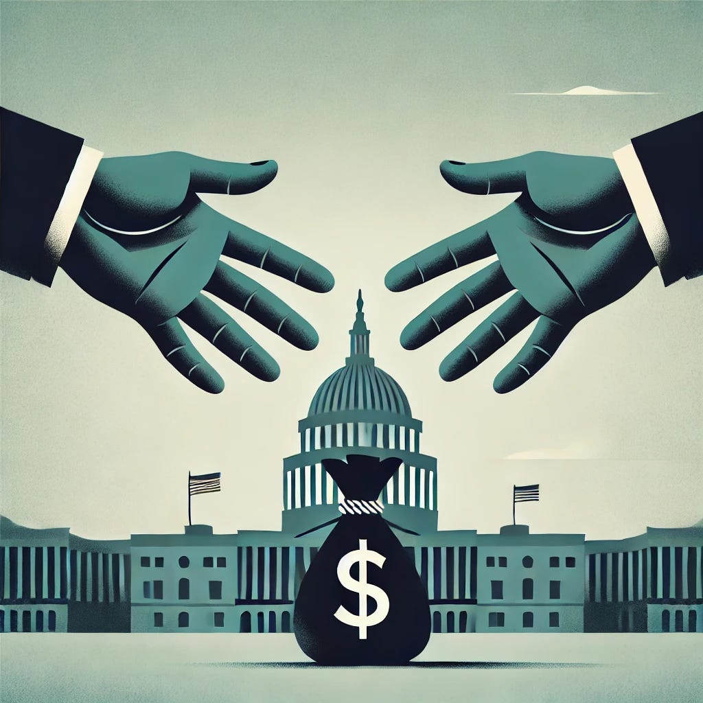 A minimalist graphic representing the uncertainty of Congress passing a spending bill. The image features the U.S. Capitol building in the background, with two hands reaching out toward each other, one holding a money bag symbolizing government spending. The hands are not quite touching, symbolizing the indecision. The background is a muted gradient with no text or charts, and the style is clean and simple.