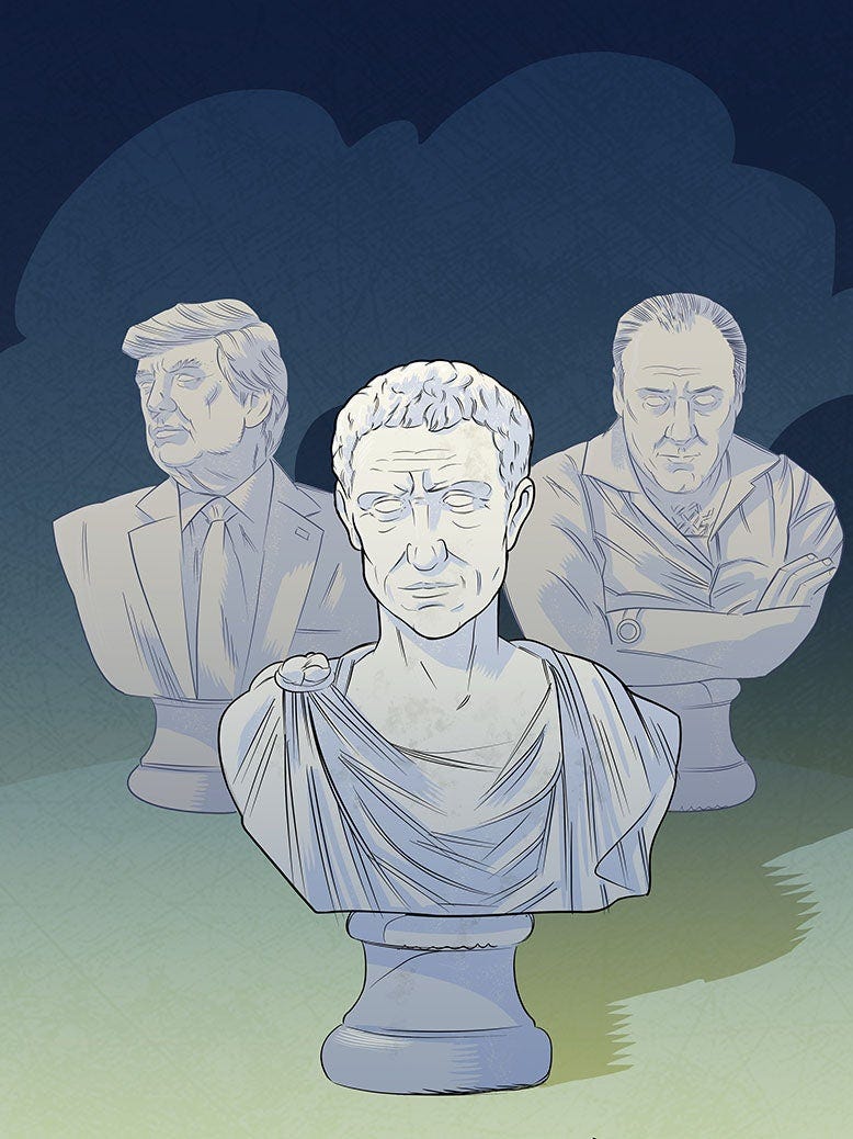 Illustration of the bust of Caesar with marble bust of Donald Trump behind him on the left and Tony Soprano on the right