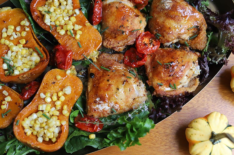 Crispy Sheet Pan Chicken with Honeynut Squash and Hot Honey Drizzle, Cook the Vineyard