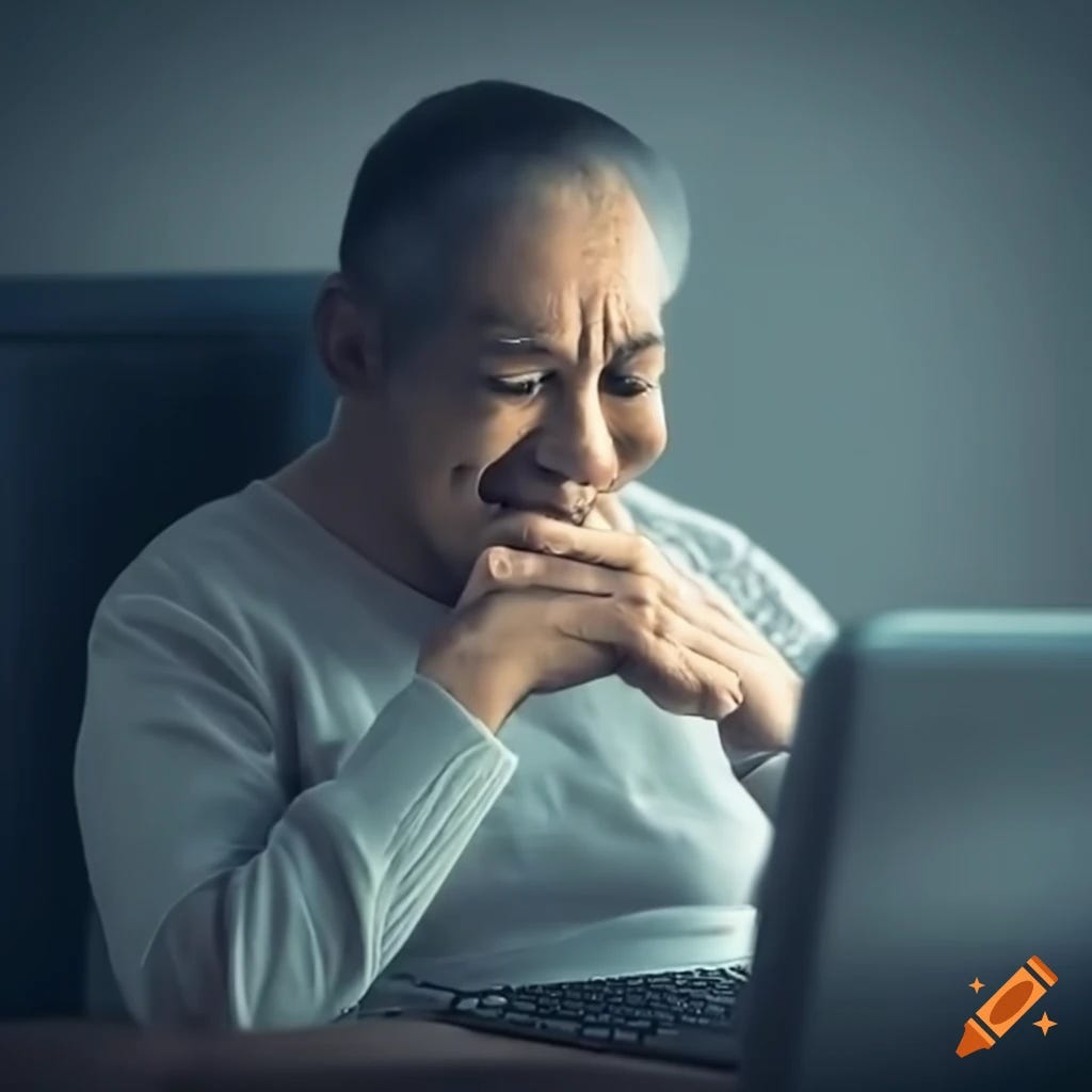 a psychiatric patient looking at his computer and smiling