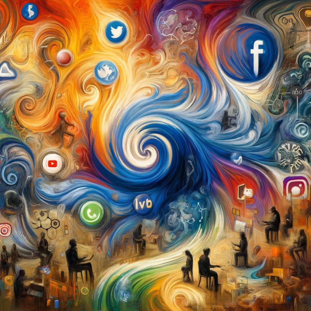 An abstract painting illustrating the dependency of businesses and creators on large platforms. Swirling, vibrant brushstrokes represent the dynamic yet vulnerable relationship between creators and platforms. Elements include abstract representations of well-known platforms like Facebook, YouTube, Instagram, and TikTok, with figures symbolizing creators influenced by decisions from powerful tech leaders. Contrasting colors highlight the shifts in priorities and the impact on creators' livelihoods. The background features hints of digital connections and monetary symbols, emphasizing the economic aspect. The style resembles oil on canvas with expressive and thoughtful undertones.