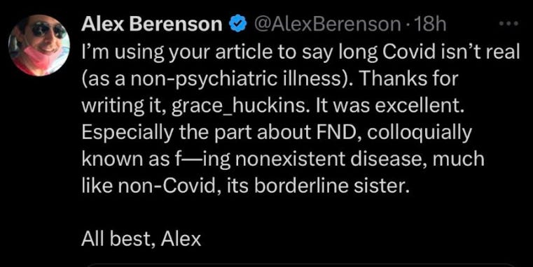 Berenson tweet declaring Long COVID is a mental illness because of a crappy oped