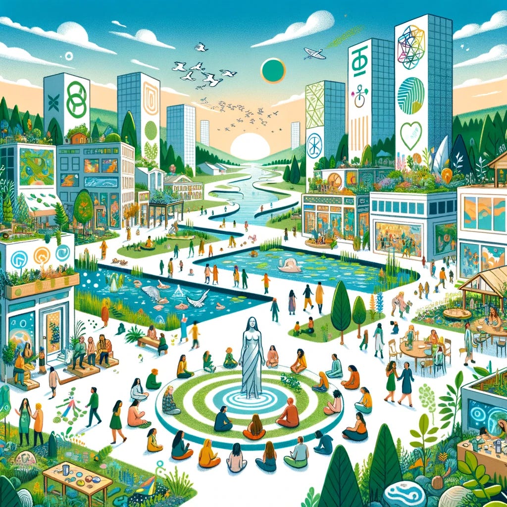 Illustration, Anno 90 (100 years in the future): A harmonious society has formed. The urban areas are filled with greenery and artistic structures. Businesses operate with ethical principles, with logos that symbolize care and community. Art installations are everywhere, celebrating human connection and inner exploration. People of various genders and descents sit in circles, sharing stories and wisdom. Nature is vibrant, with clear water bodies and lush forests.