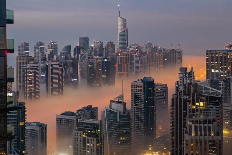 DUBAI,UAE - FEBRUARY 15: An Aerial View of the Dubai Skyline during Foggy Morning taken on 15.02.2021 in Dubai, United Arab Emirates. Getty Images , Getty Images