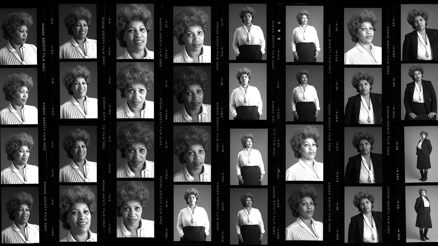 A scan of a black and white contact sheet capturing Toni Morrison in many frames wearing a white blouse, black skirt and sometimes black blazer, her hair is coiffed in the shape of a cloud neither coming nor going but ever present.