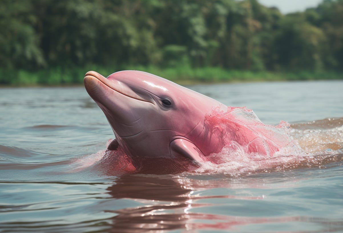 A remarkable pink dolphin rising out of an Amazon river.