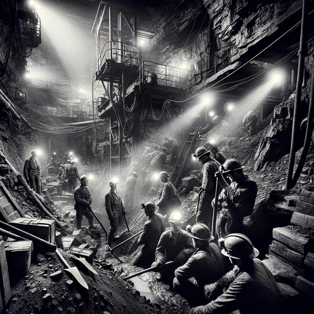 A black and white photograph capturing the essence of mining in the 1970s. The scene includes miners with hard hats and headlamps, working deep underground. They are surrounded by rugged mine walls, and visible are the tools of their trade: pickaxes, shovels, and heavy machinery. The lighting is dim, highlighting the harsh working conditions and the gritty texture of the mine's interior. The composition pays homage to the era, with a grainy, high-contrast finish that emulates the photographic technology of the 1970s.