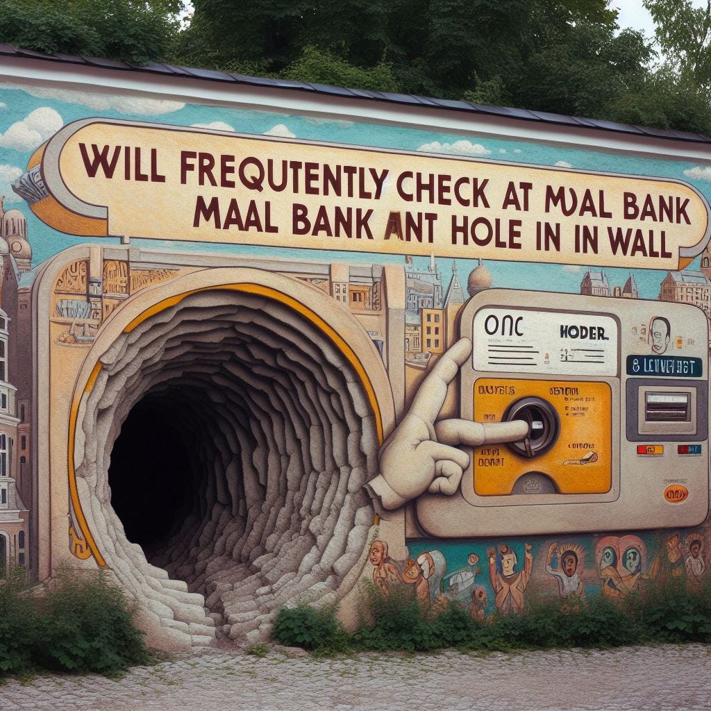 Will frequently check credit at (moral) bank (hole in wall)