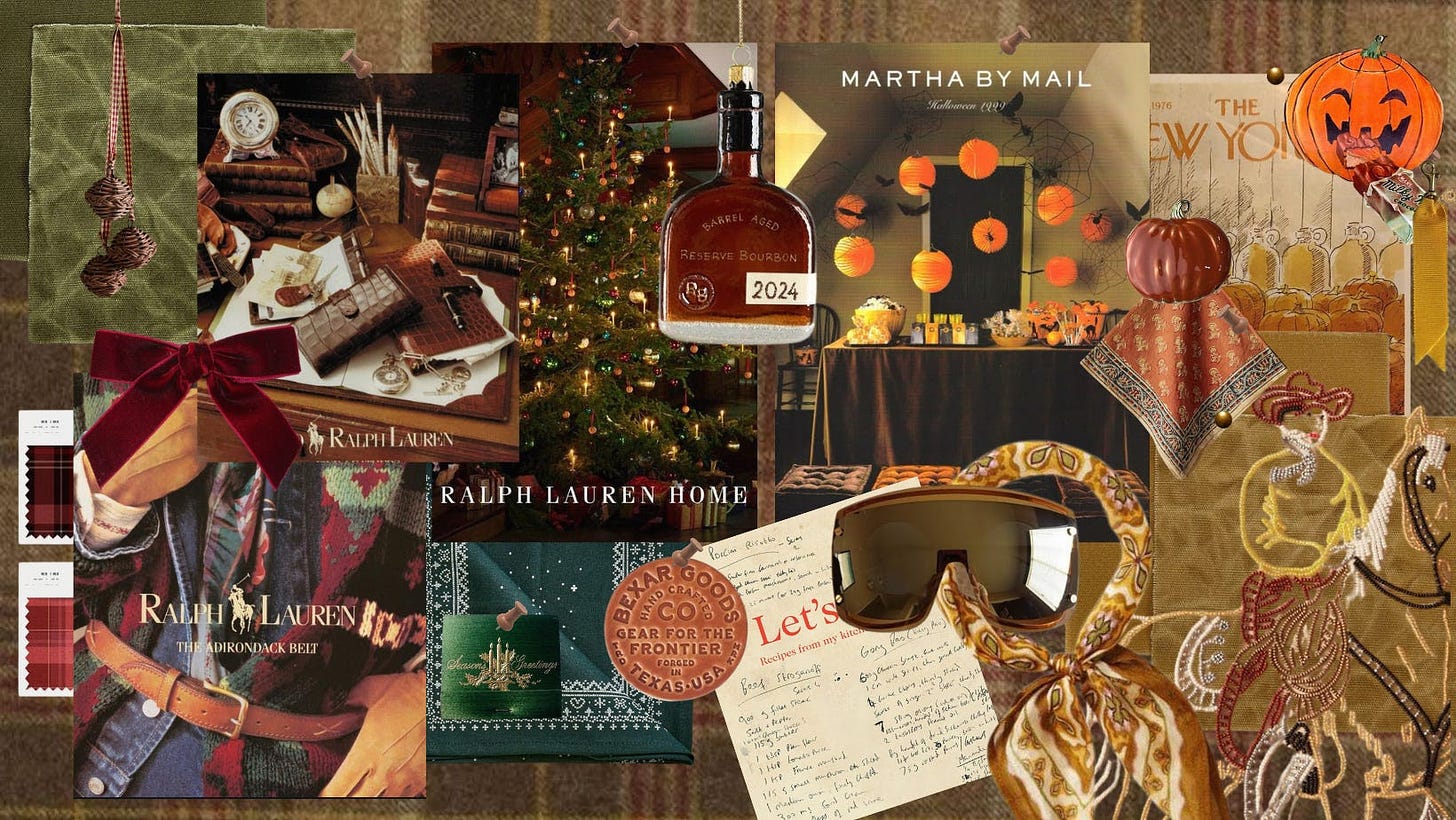 A holiday-themed collage inspired by Ralph Lauren and classic Americana. Images include a richly decorated Christmas tree, vintage leather goods, plaid fabric samples, handwritten recipe cards, and a bottle of reserve bourbon ornament. The mood is warm, luxurious, and filled with festive charm.