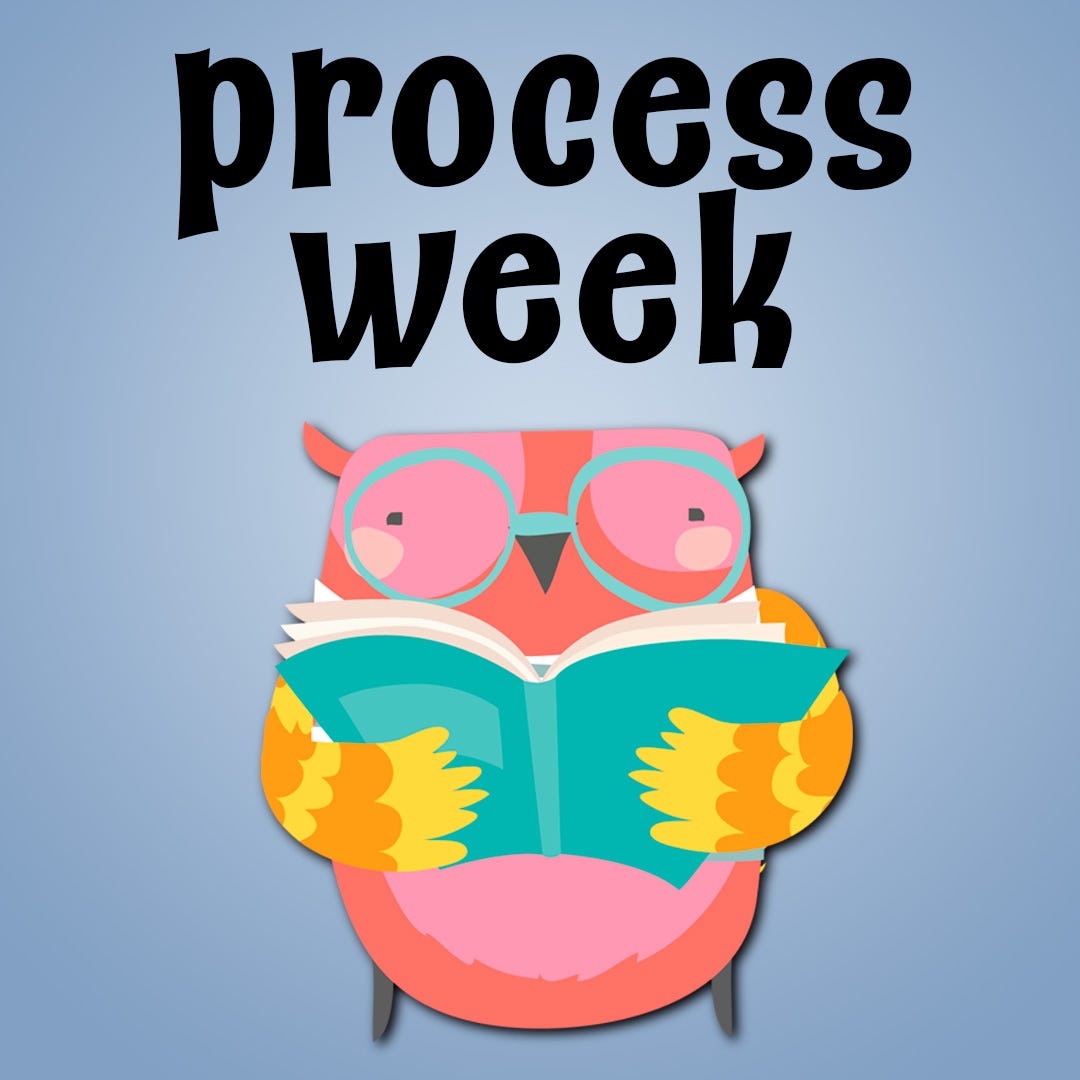 An owl reading a book, under the title Process Week