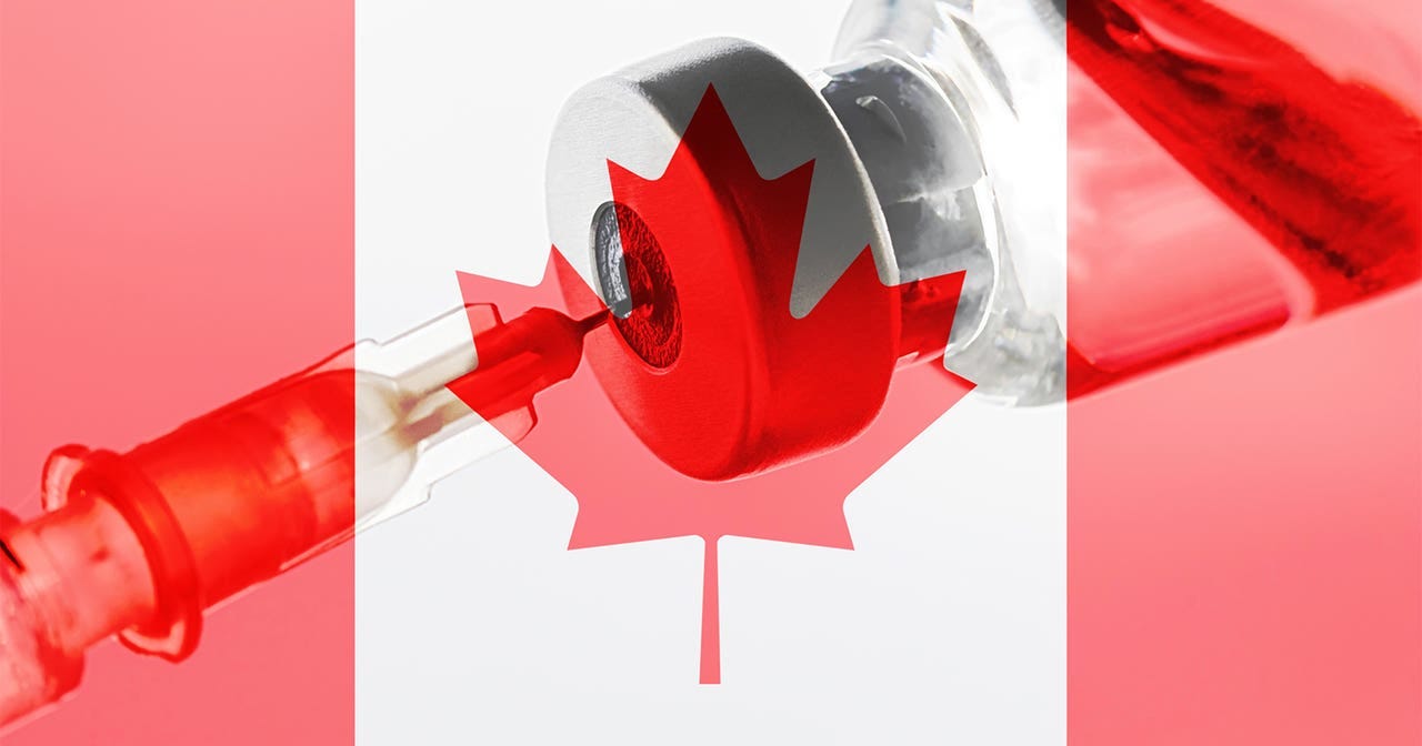 The Canadian flag over a photo syringe drawing from a vial