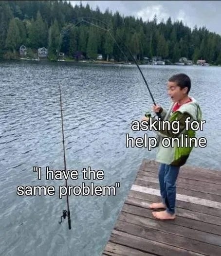 May be an image of 1 person, standing, fishing, fishing rod, body of water and text that says 'asking for help online "I have the same problem"'