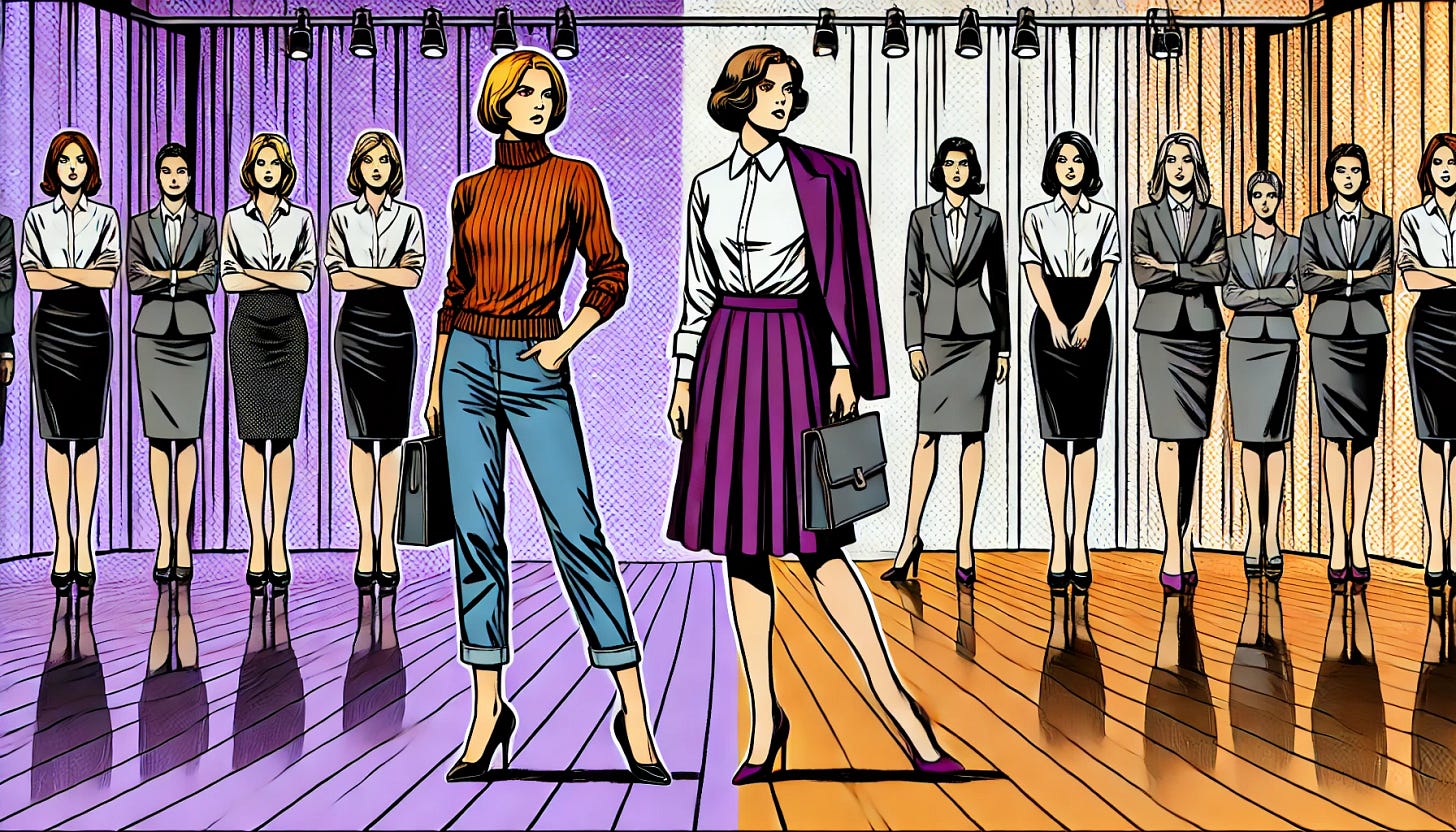 A pop art style illustration of a stage with two distinct groups. On the left side of the stage, a confident woman with short hair, wearing jeans and a turtleneck sweater, stands alone, exuding a professional yet casual demeanor. On the right side of the stage, a group of women in office attire, some in suits and others in A-line skirts, representing a formal dress code. The scene captures the contrast in style and individuality on a shared stage. The color palette is restricted to bright purple, bright orange, black, and white, with a white background. The composition is clean and minimal, emphasizing the thematic differences between the two sides.