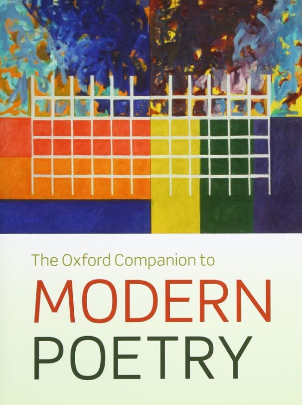 Cover of The Oxford Companion to Modern Poetry, featureing a colourful abstract painting overlaid by an open-ended rectangular grid of lines