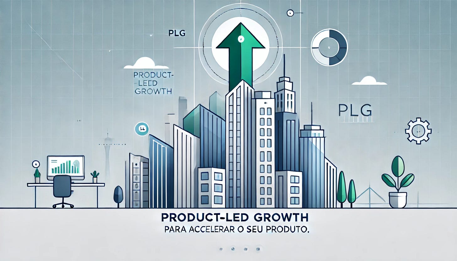 A minimalist vector-style image evoking technology and startups, with buildings representing a growing business landscape. The design features a large upward-pointing arrow that signifies growth, integrated into the buildings' structure. The colors are modern and clean, with shades of blue, gray, and white for the cityscape, while the arrow is highlighted in green to represent Product-Led Growth (PLG). Added text in a modern font at the top: 'Product-Led Growth (PLG)' and below it 'para Acelerar o Seu Produto'. The text is styled in a clean, sleek font, with 'PLG' emphasized, using contrasting white and green tones to highlight the concept.