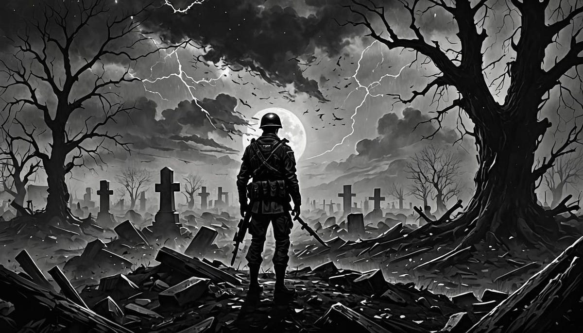 Silhouette of a soldier standing in battlefield amidst grave crosses