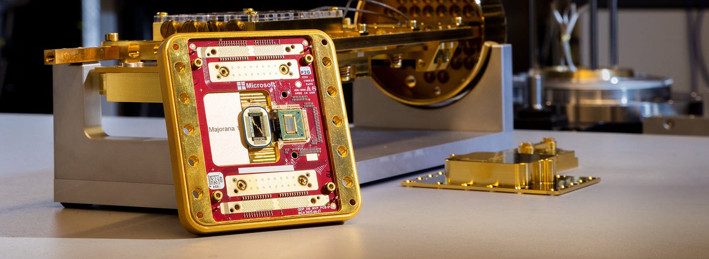 Photo showing a close up of the Majorana 1 quantum chip with brass equipment in the background.