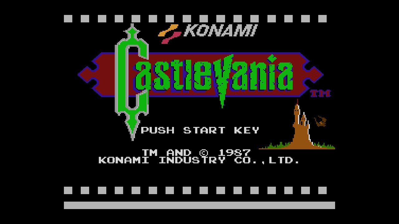 A screenshot of the title screen from Castlevania on the NES, which is meant to look like a single film cell from a film strip, as an ode to the monster movies it draws from.