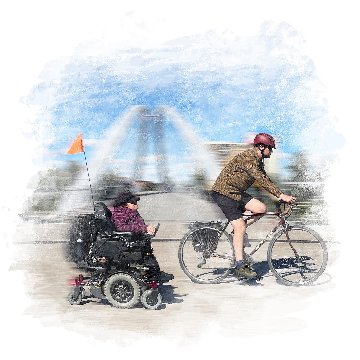 Digital art with an image of Athena and Stefan fading into view. They are travelling along with the riverwalk in a bright sunny day. Athena is motoring in her power wheelchair behind Stefan who is coasting along on his bike.