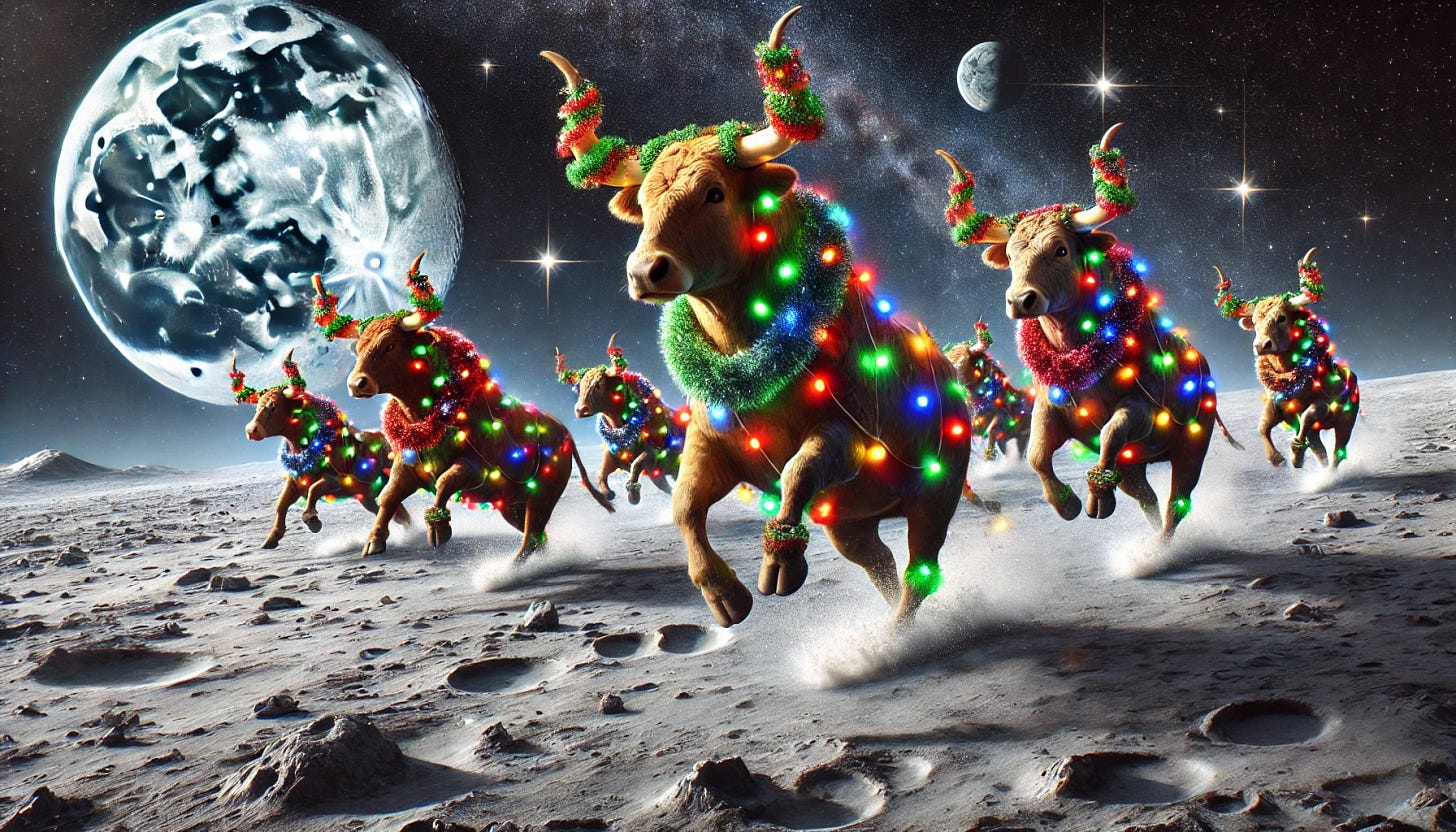 A hyper-realistic banner-style image of several bulls running across the surface of the Moon. The bulls are dressed in festive Christmas decorations, including garlands, tinsel, and colorful lights. The Moon's surface is detailed with craters and lunar dust, and it is snowing lightly, adding a festive atmosphere. The bulls are depicted dynamically in motion with their hooves kicking up lunar dust, illuminated by the colorful glow of their decorations. A distant view of Earth can be seen in the background, with space stars twinkling around.