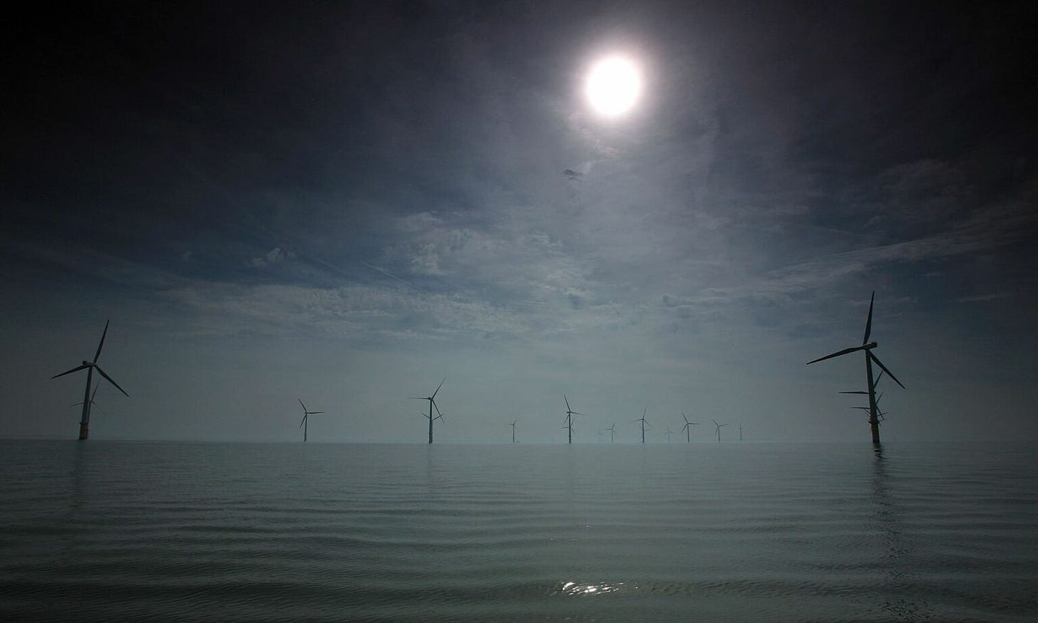 Turbines of the Burbo Bank offshore wind farm in the mouth of the River Mersey in Liverpool, England.