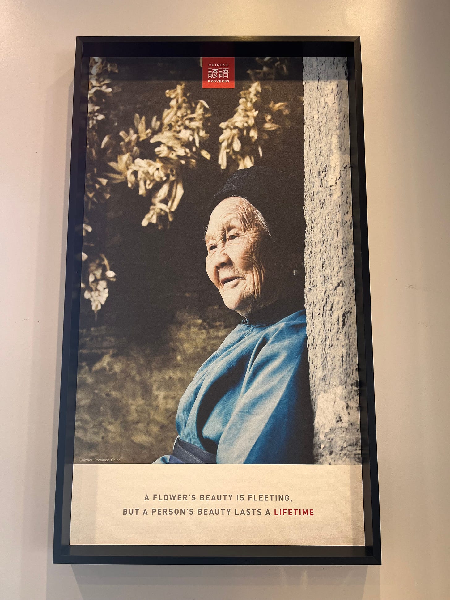 Photo of old Chinese woman with a proverb that says: "A flower's beauty is fleeting, but a person's beauty lasts a lifetime."