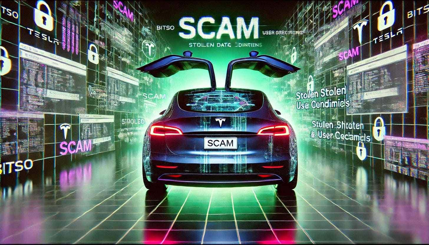 A futuristic Tesla Cybertruck viewed from the front, sleek and high-tech, but revealing a glitching digital back with the word 'SCAM' embedded. The background features a cyberpunk-style dark web environment with floating stolen data files, user credentials, and encrypted streams. The word 'Bitso' is integrated subtly, symbolizing the crypto exchange involved. The scene is illuminated with neon green and purple, representing cybersecurity threats and fraud. The image conveys digital deception, data breaches, and the tension between trust and cybercrime in fintech.